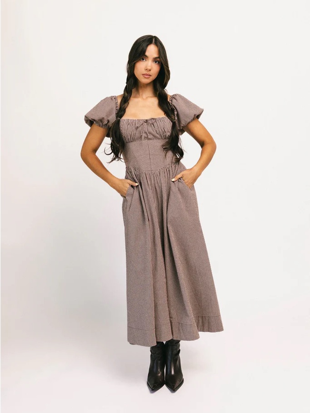 Zora midi dress Smocked Square-Neck Midi Dress in Taupe